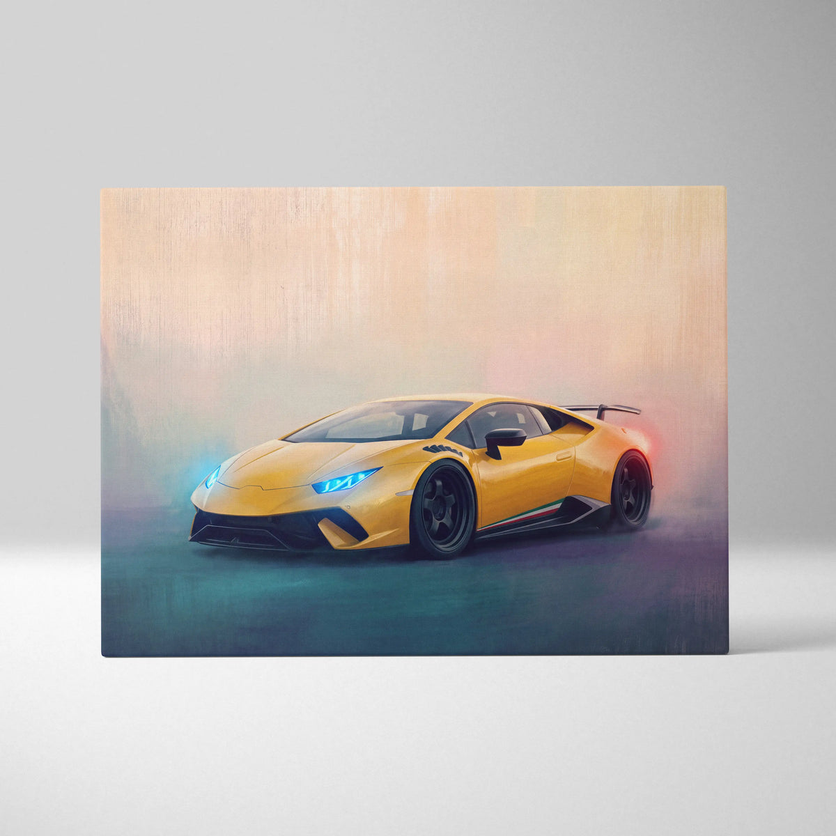Vibrant yellow lamborghini huracán sto inspired supercar canvas art print with glowing blue headlights and sleek design