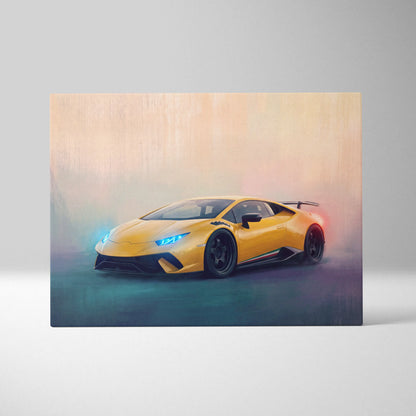 Vibrant yellow lamborghini huracán sto inspired supercar canvas art print with glowing blue headlights and sleek design