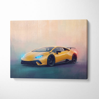 Vibrant yellow Lamborghini Huracán STO inspired sports car canvas art print featuring dynamic stylized painting