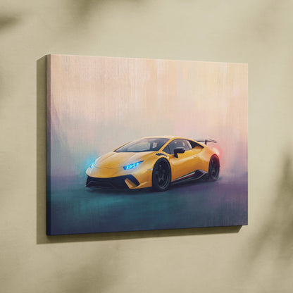 Yellow Lamborghini Huracán STO inspired sports car canvas print with glowing blue headlights and sleek aerodynamic design