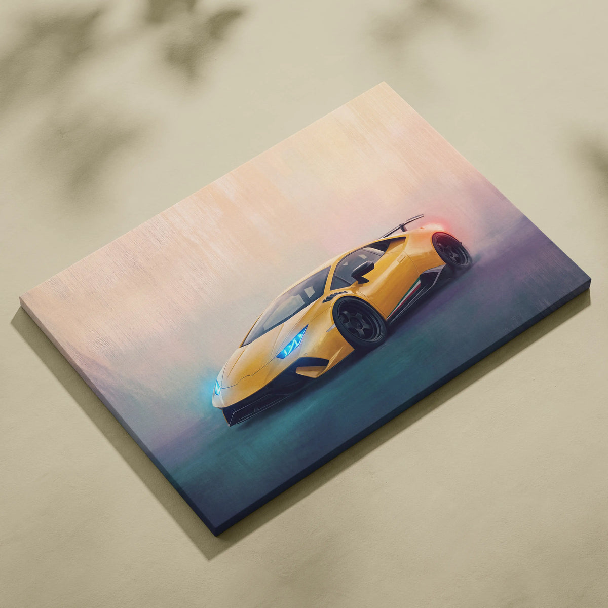 Vibrant yellow lamborghini huracán sto inspired supercar painted on stretched canvas custom car wall art print