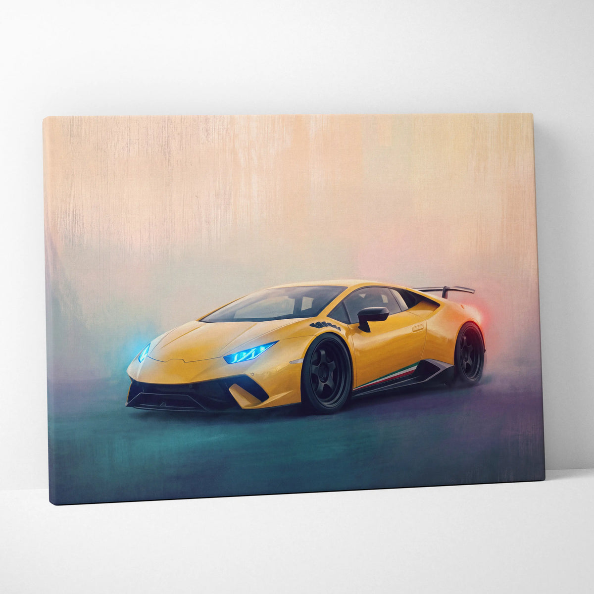 Vibrant yellow Lamborghini Huracán STO inspired sports car canvas art print featuring dynamic stylized painting
