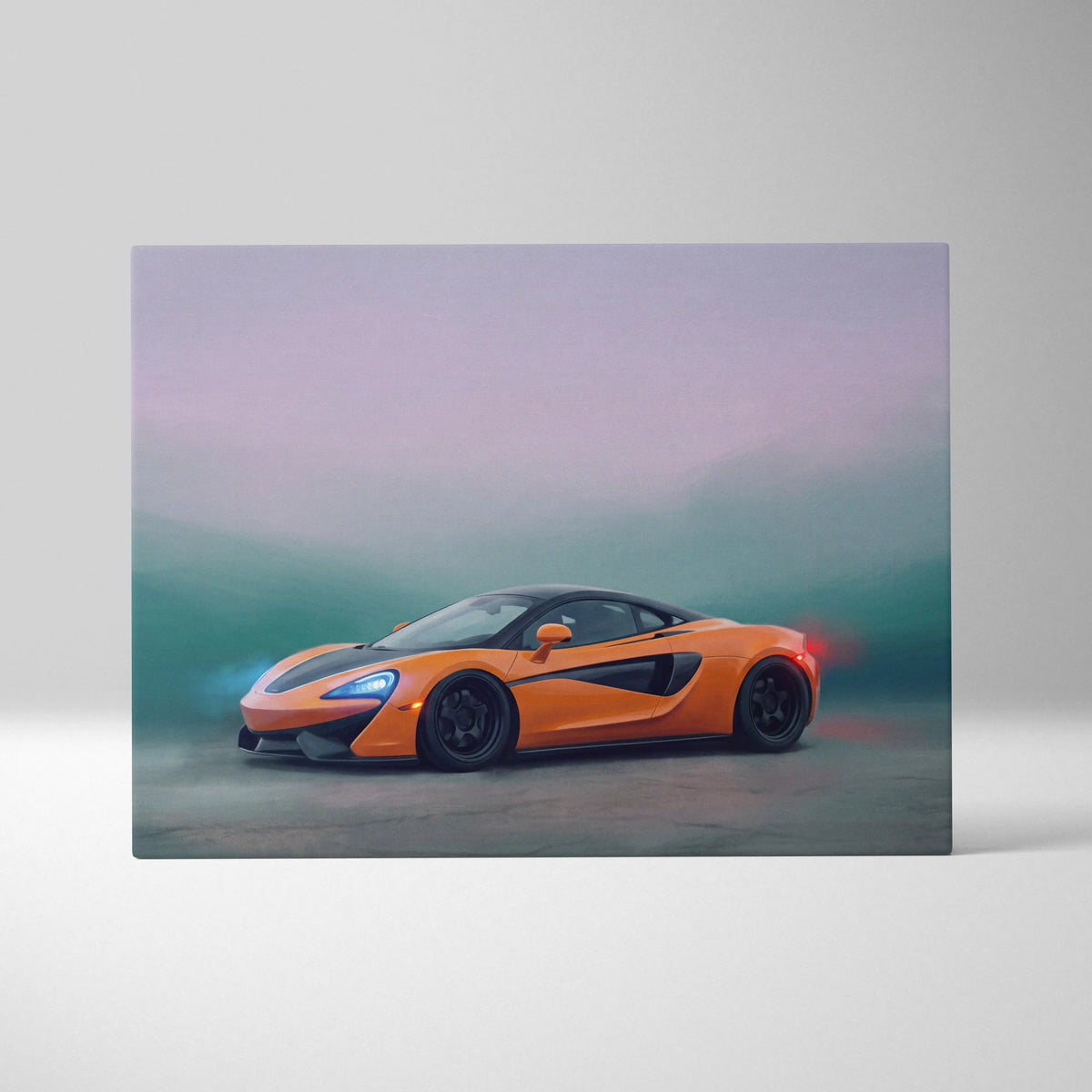 Mclaren 570s inspired canvas art featuring a vibrant orange sports car with black accents and sleek aerodynamic design