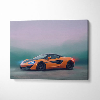 Vibrant orange McLaren 570S canvas art with black accents and glowing headlights premium automotive wall decor