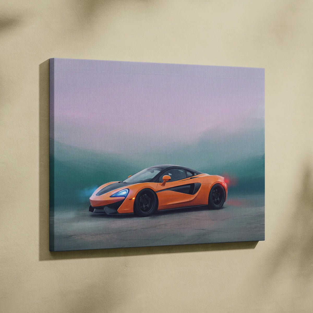 Orange mclaren 570s inspired canvas art with black accents and glowing headlights premium automotive wall decor