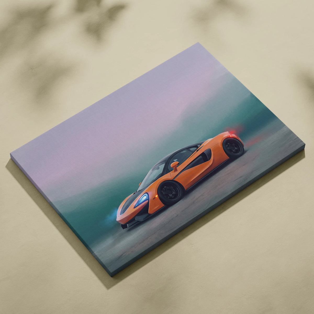Vibrant orange mclaren p1 sports car painted on a premium stretched canvas for automotive wall decor