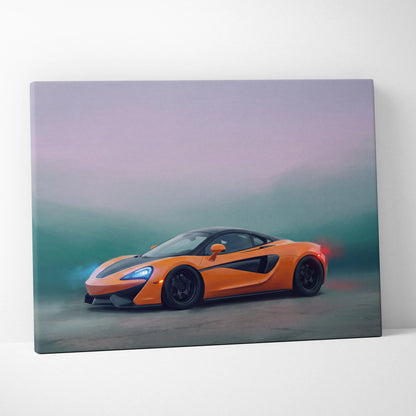 McLaren 570S inspired canvas art featuring an orange sports car with black accents and glowing headlights on premium wall decor