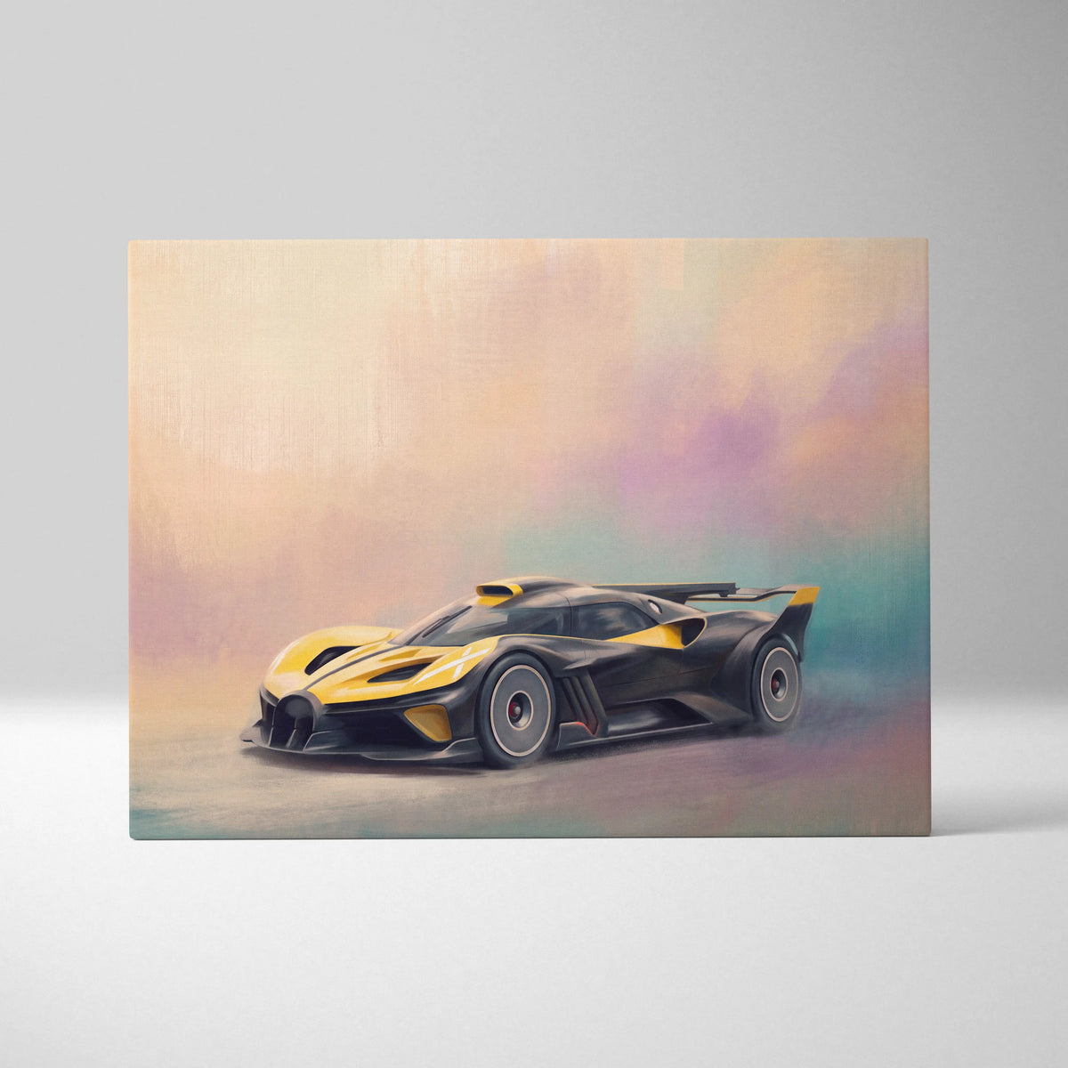 Bugatti bolide inspired automotive wall art featuring a sleek black and yellow hypercar with aerodynamic curves on canvas