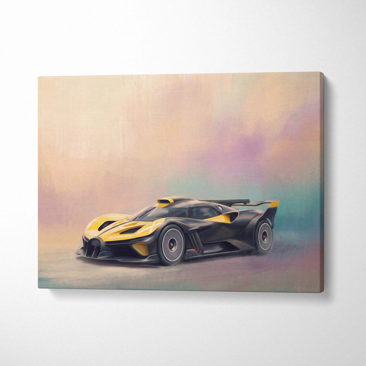 A sleek black and yellow Bugatti Bolide inspired hypercar on vibrant luxury supercar canvas wall art print