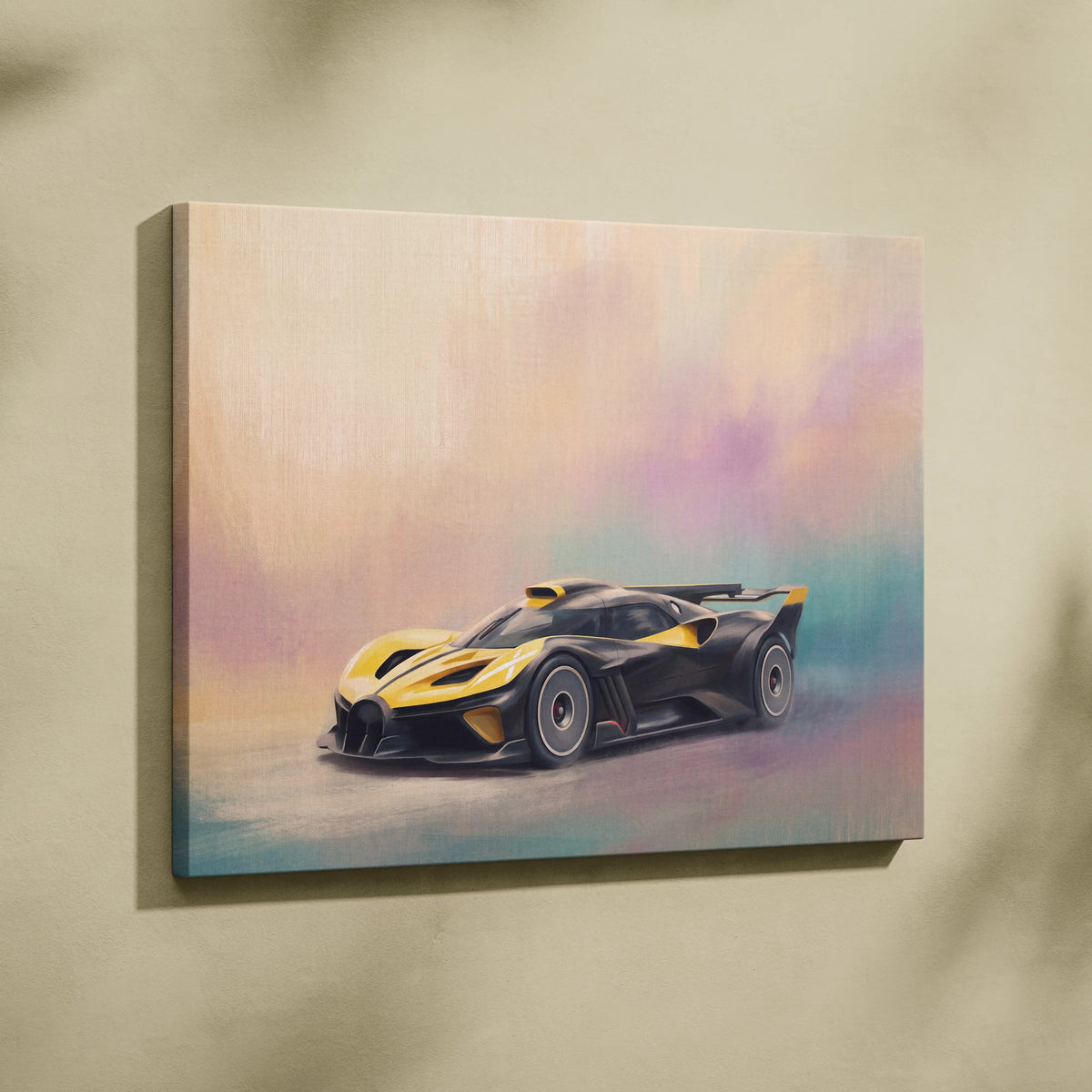 Bugatti bolide inspired automotive wall art featuring black and yellow hypercar painting on stretched canvas print