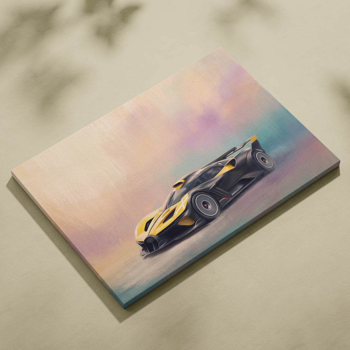 Bugatti bolide inspired black and yellow luxury supercar painting on canvas automotive wall art print