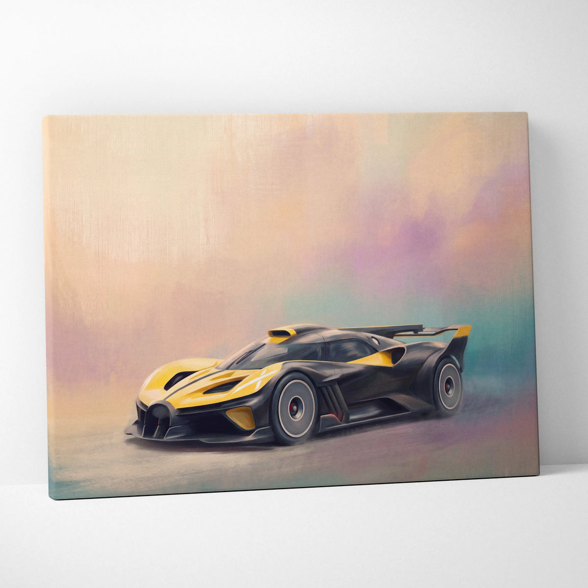 A vibrant yellow and black Bugatti Chiron Super Sport 300+ canvas print featuring luxury supercar wall art