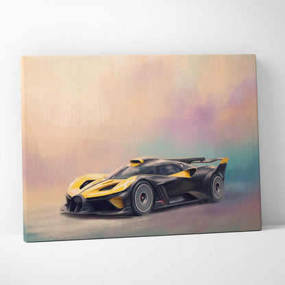 A vibrant yellow and black Bugatti Chiron Super Sport 300+ canvas print featuring luxury supercar wall art