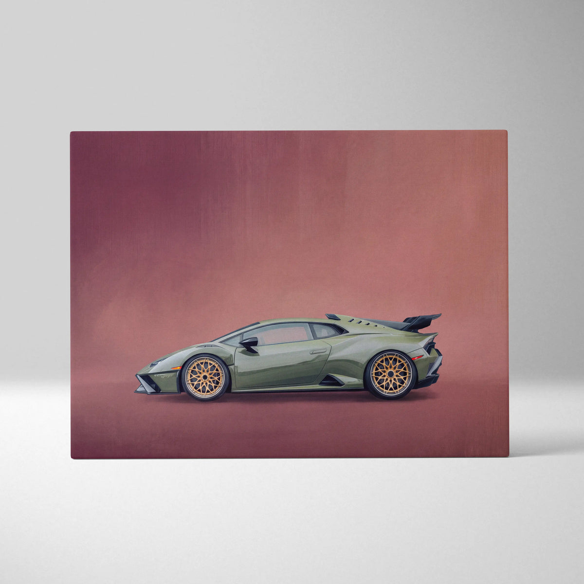 Olive green lamborghini huracán sto inspired canvas art featuring gold-rimmed wheels and sleek aerodynamic design