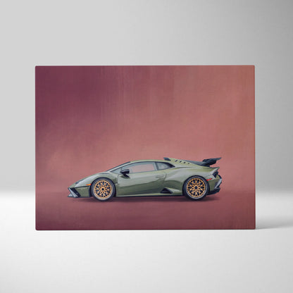 Olive green lamborghini huracán sto inspired canvas art featuring gold-rimmed wheels and sleek aerodynamic design