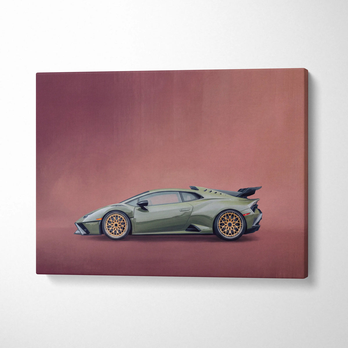 Olive green lamborghini huracán sto inspired canvas art with gold alloy wheels premium automotive wall decor