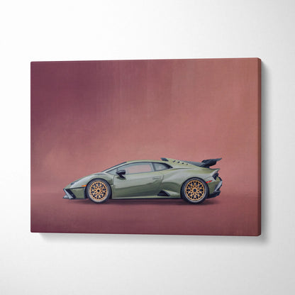 Olive green lamborghini huracán sto inspired canvas art with gold alloy wheels premium automotive wall decor