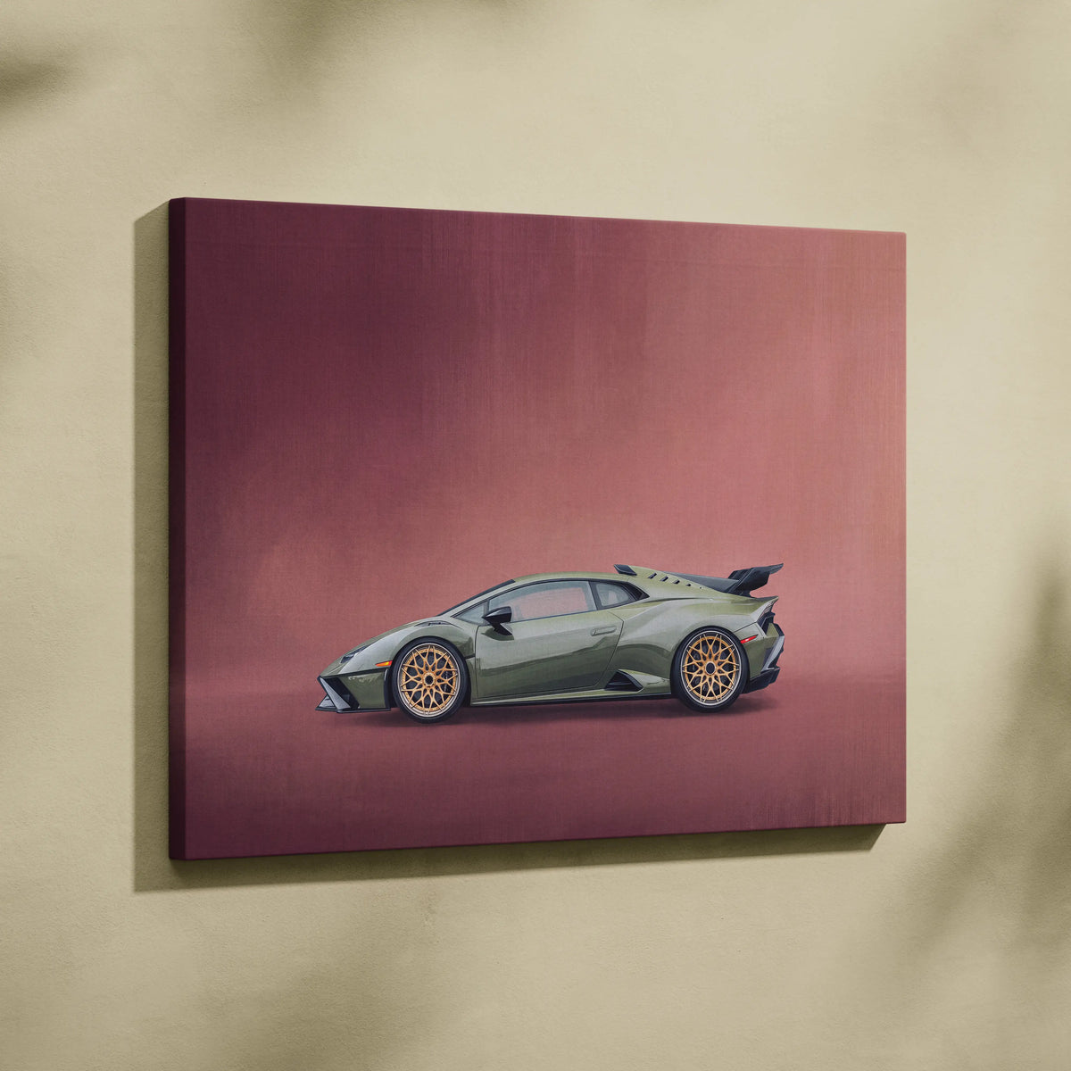 A canvas print featuring a sleek olive green lamborghini huracán with gold alloy wheels on a maroon background