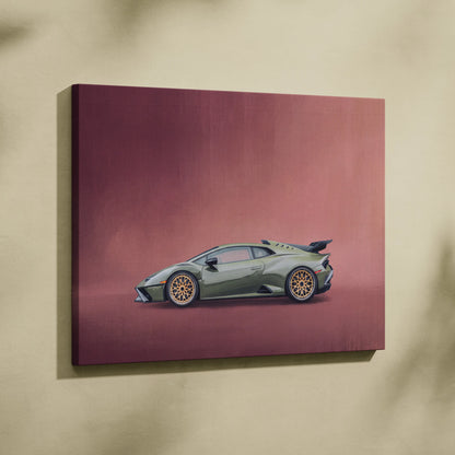 A canvas print featuring a sleek olive green lamborghini huracán with gold alloy wheels on a maroon background
