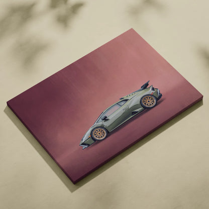 A sleek olive-green Lamborghini Huracán STO canvas print with gold-rimmed wheels on a maroon gradient background