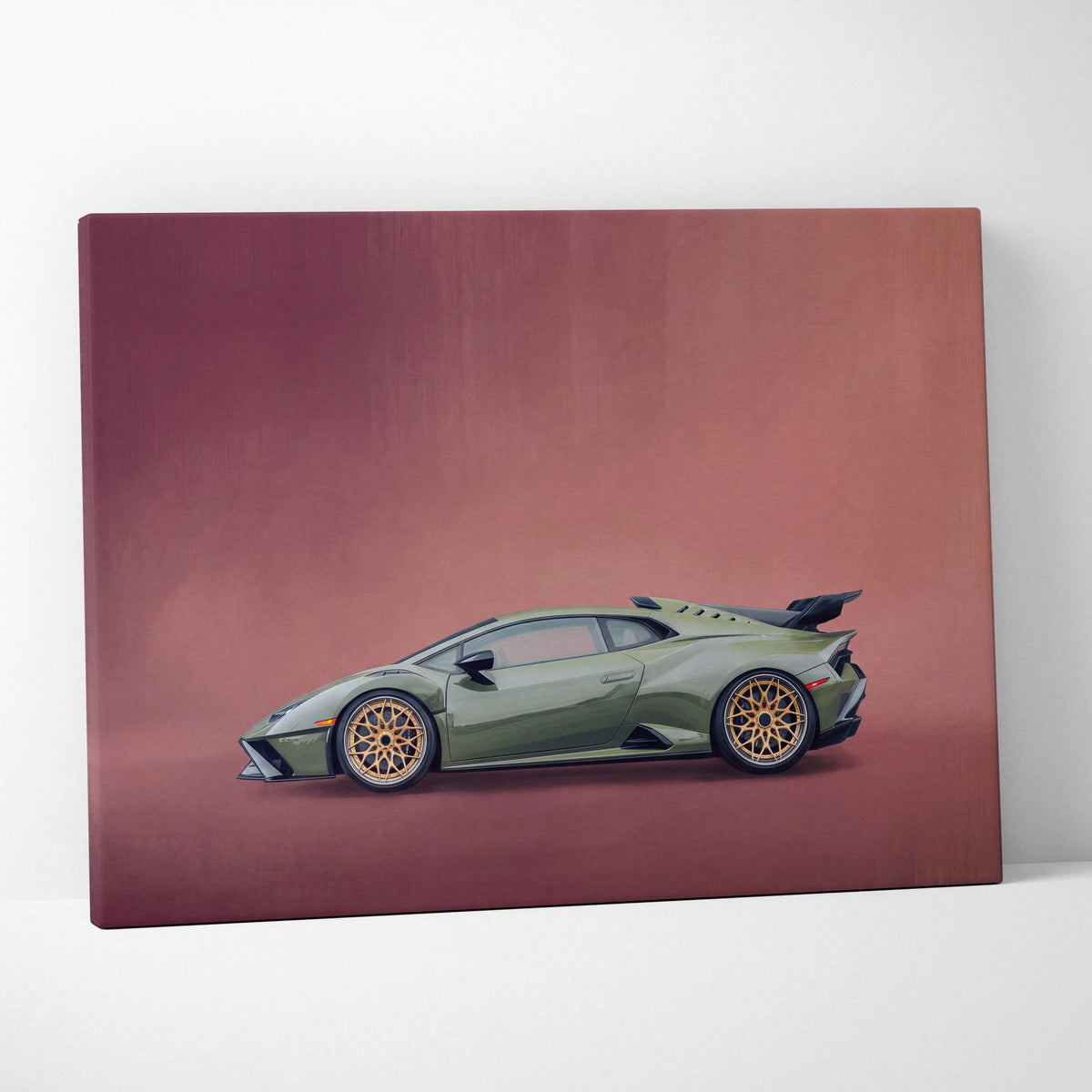 Olive green lamborghini huracán sto inspired canvas art with gold rims and black rear spoiler for wall decor