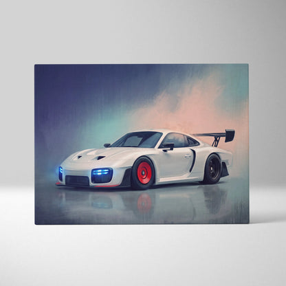 Porsche 935 inspired car wall art canvas painting featuring a white porsche 911 r race car with red rims and black rear wing