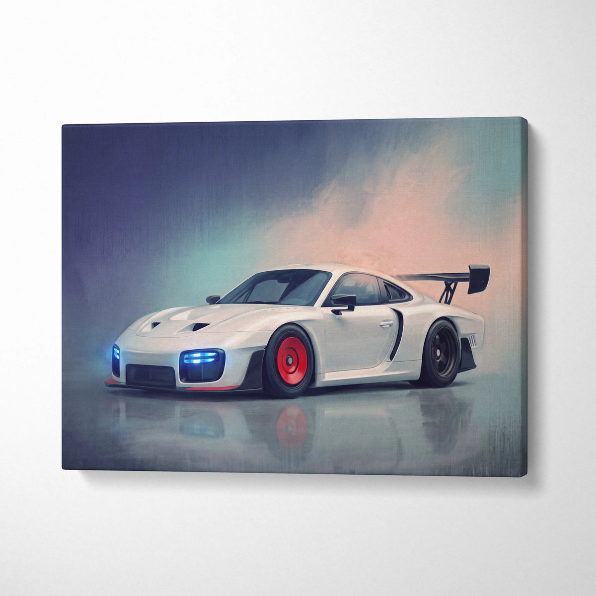 Porsche 935 inspired car wall art featuring a white porsche 911 with red wheels and black rear spoiler on canvas