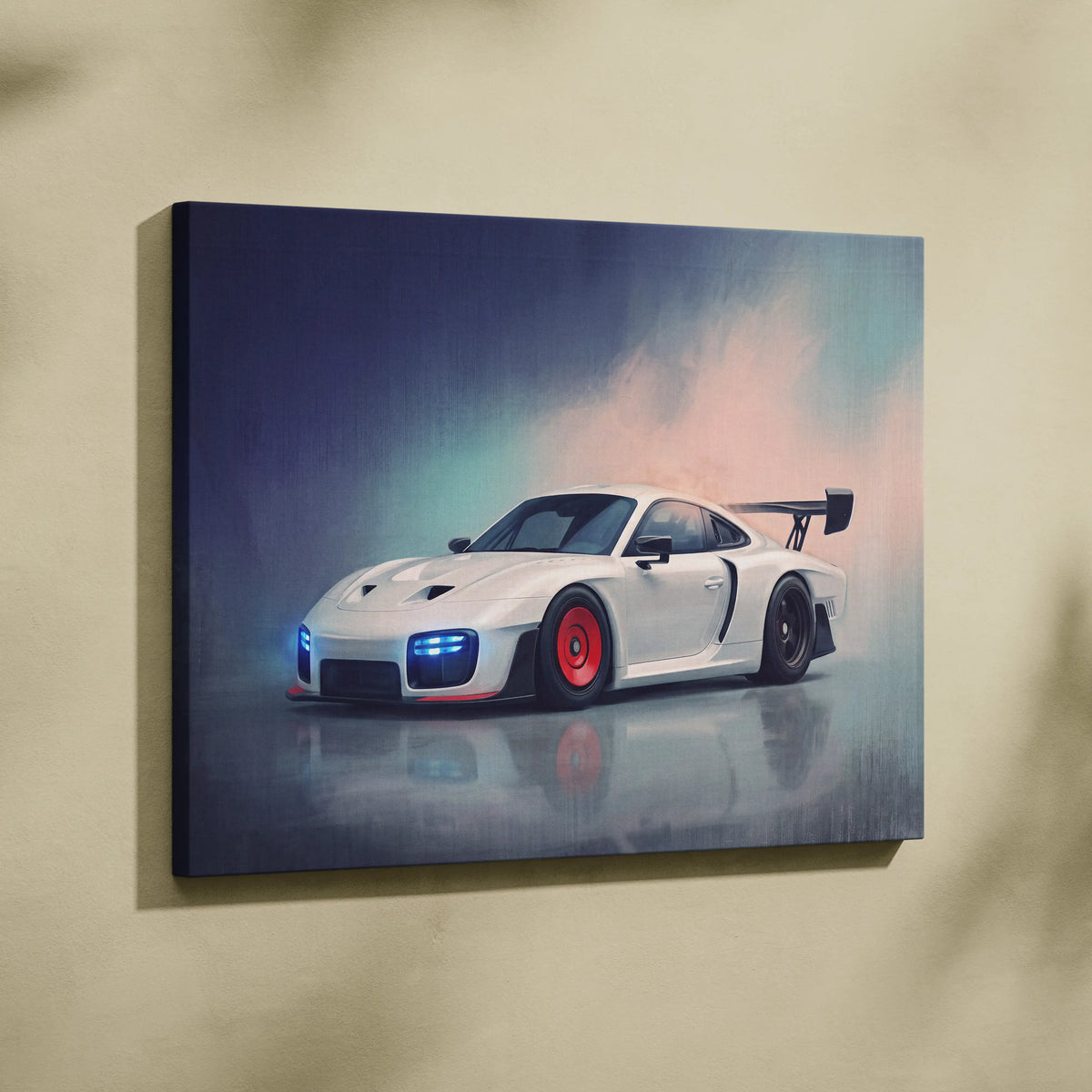 White porsche 911 gt2 canvas print with red-accented wheels and glowing blue headlights track edition wall art