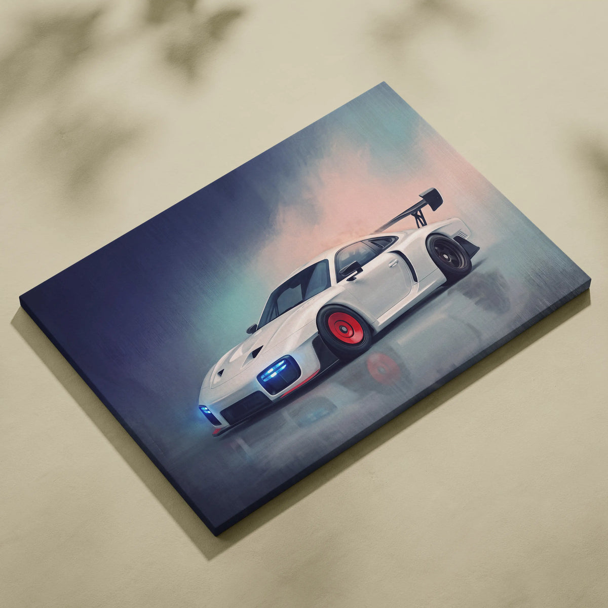 Porsche 935 inspired car wall art canvas print featuring a white sports car with red wheels and blue headlights