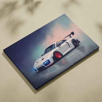 Porsche 935 inspired car wall art canvas print featuring a white sports car with red wheels and blue headlights