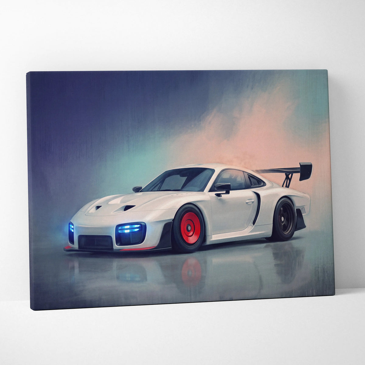 White Porsche 911 GT2 canvas print with red-accented wheels in a sleek Porsche 935 inspired track edition design