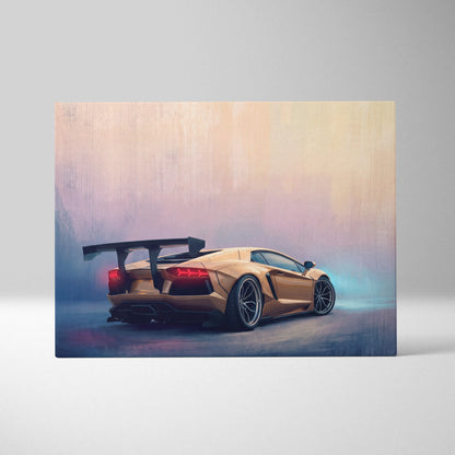 Golden lamborghini aventador with black rear wing and red taillights on luxury supercar canvas wall art print