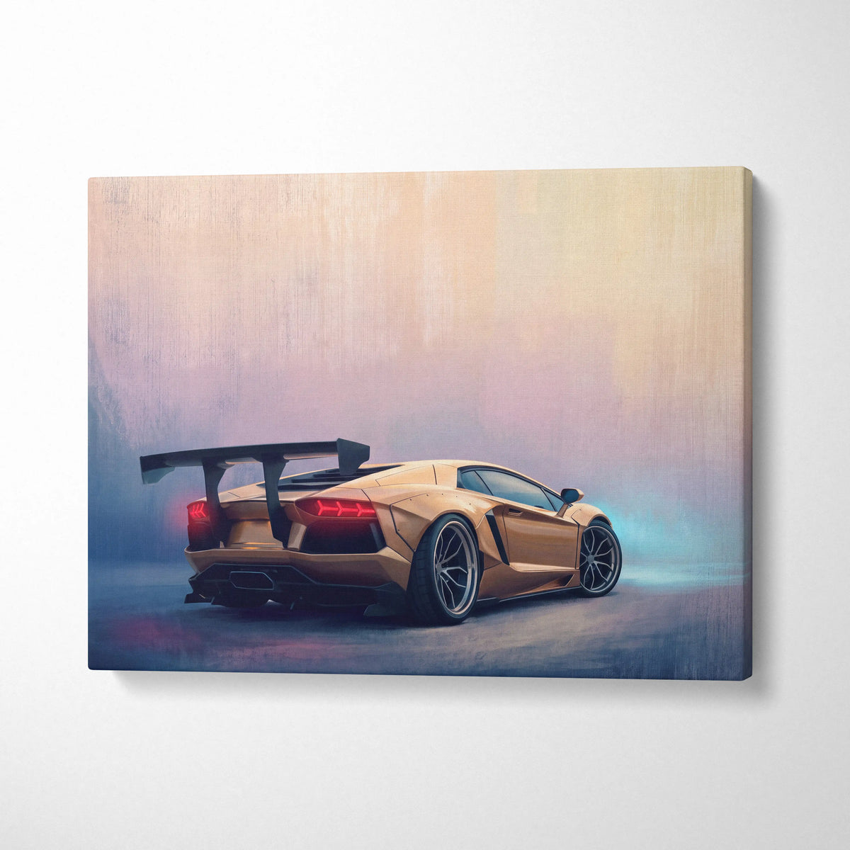 Golden lamborghini aventador canvas print showing the back with a prominent spoiler and glowing red taillights