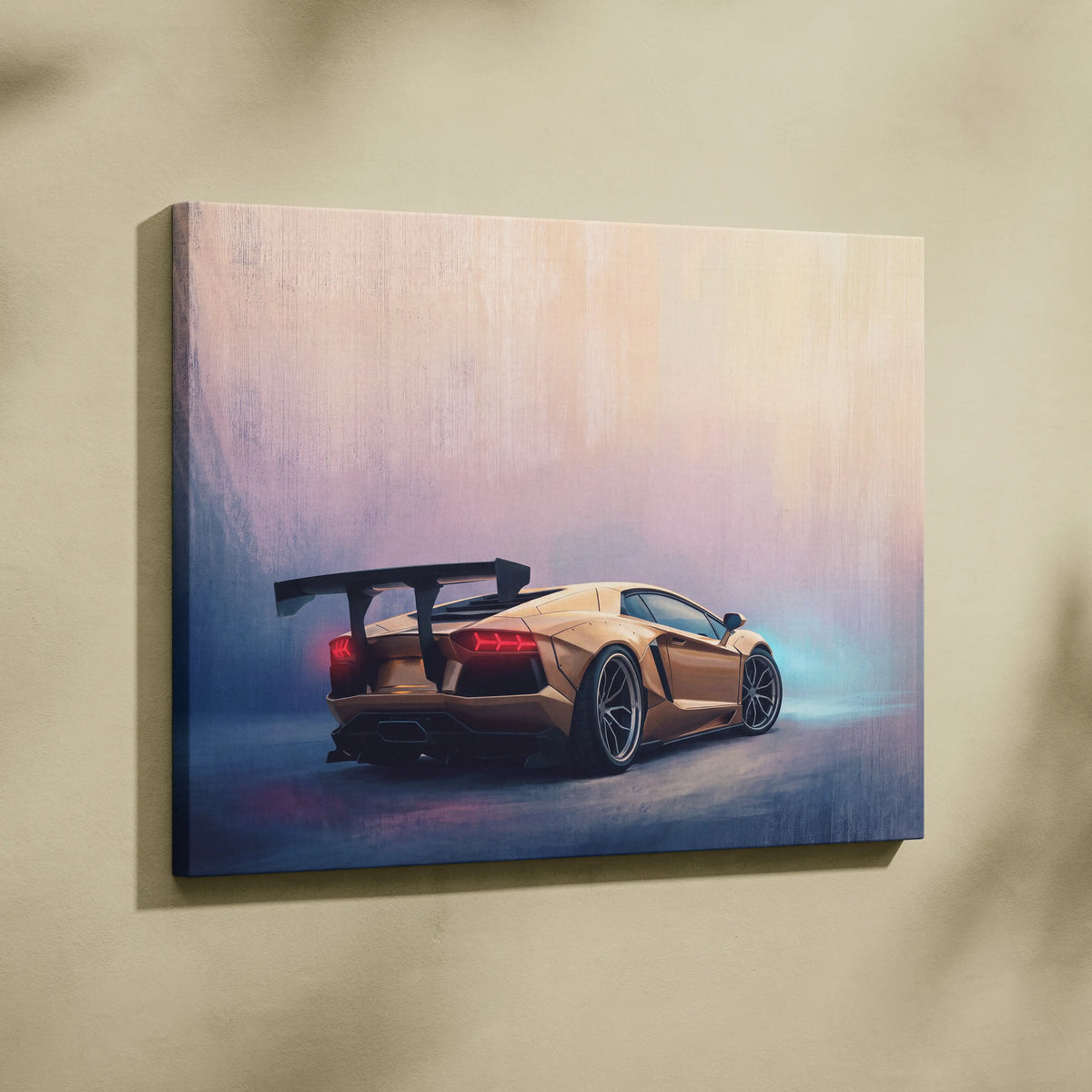 A canvas painting of a gold Lamborghini Aventador with black rear wing and red taillights on soft gradient background