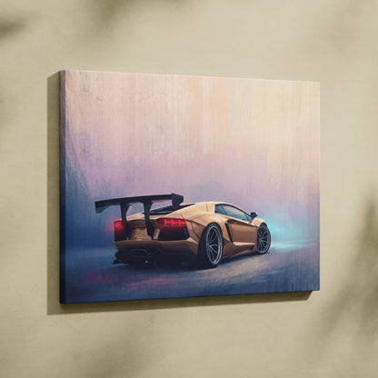 A canvas painting of a gold Lamborghini Aventador with black rear wing and red taillights on soft gradient background
