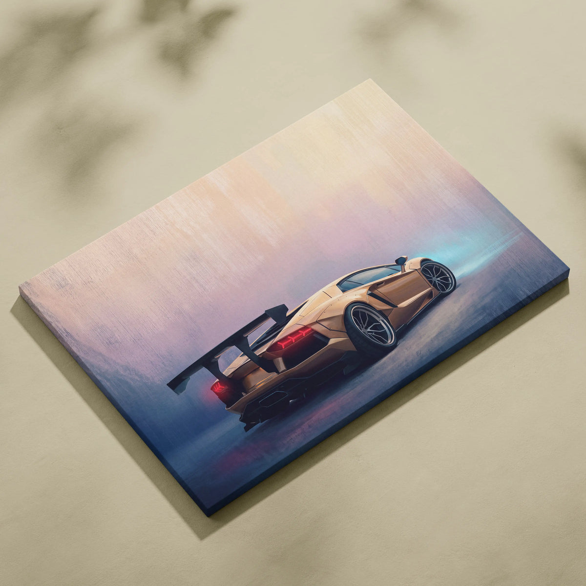 A gold Lamborghini Aventador inspired canvas print with glowing red taillights and black racing wheels on a gradient sky background