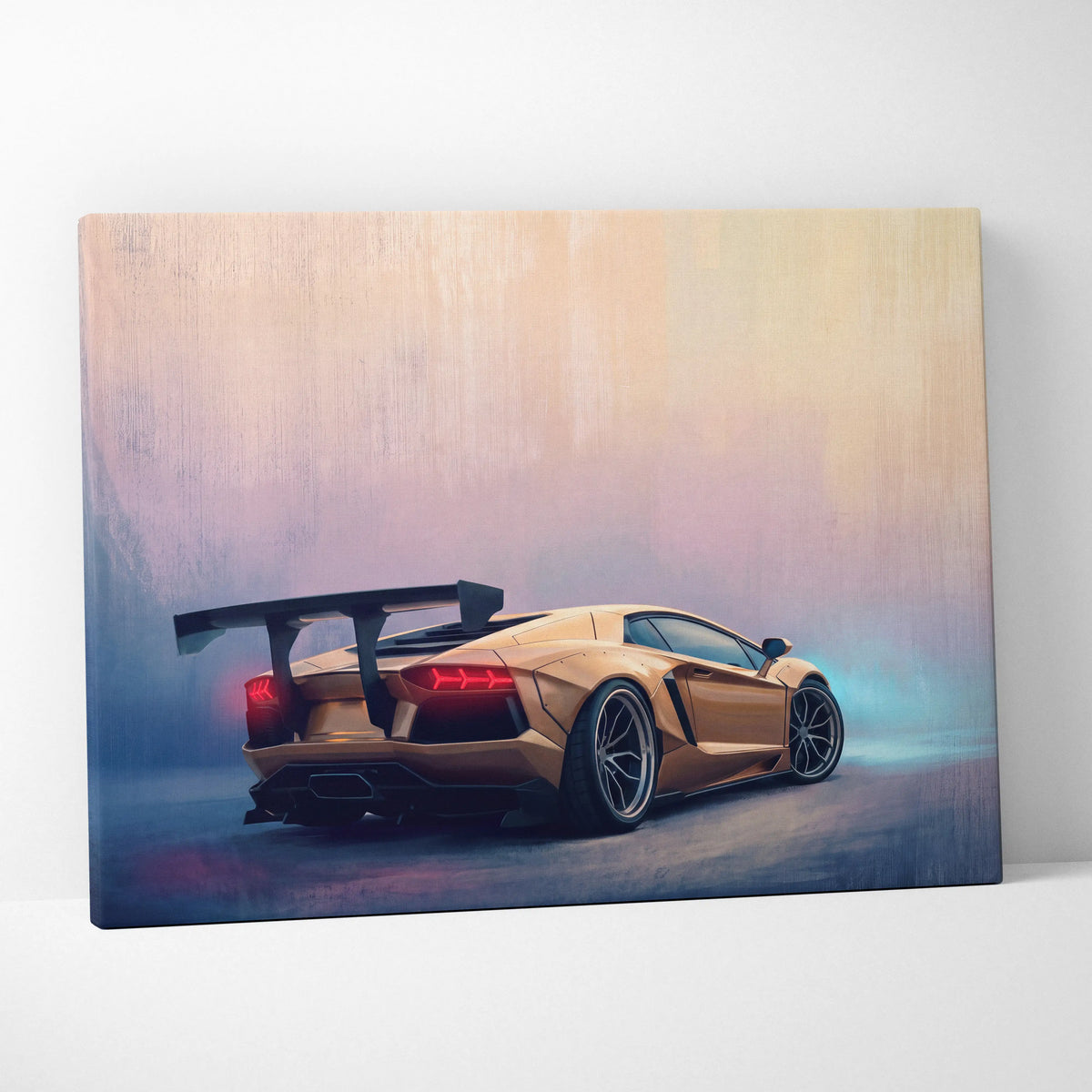 Golden lamborghini aventador canvas print showing rear view with glowing red taillights and black spoiler wall art