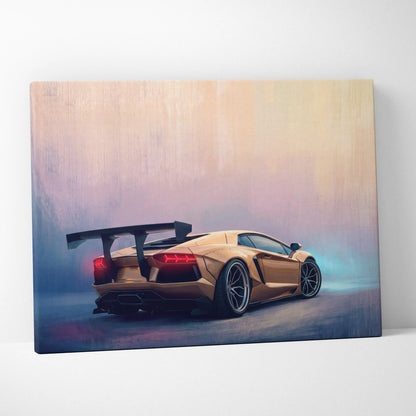 Golden lamborghini aventador canvas print showing rear view with glowing red taillights and black spoiler wall art