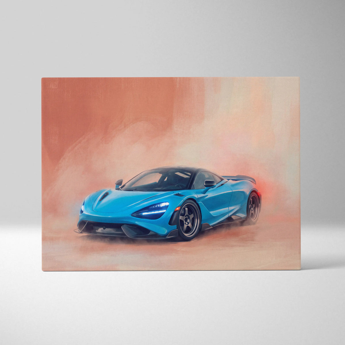 Vibrant blue mclaren 720s luxury supercar canvas print featuring dynamic smoky artistic rendering wall art