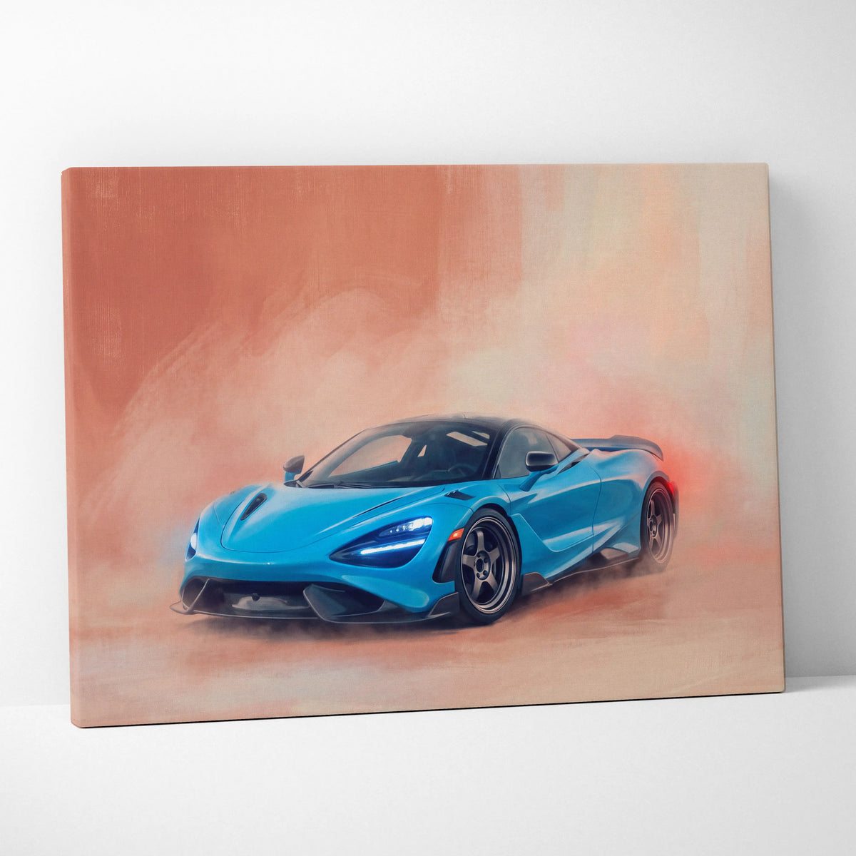 Vibrant blue McLaren 720S sports car smoky artistic rendering on canvas luxury supercar wall art print