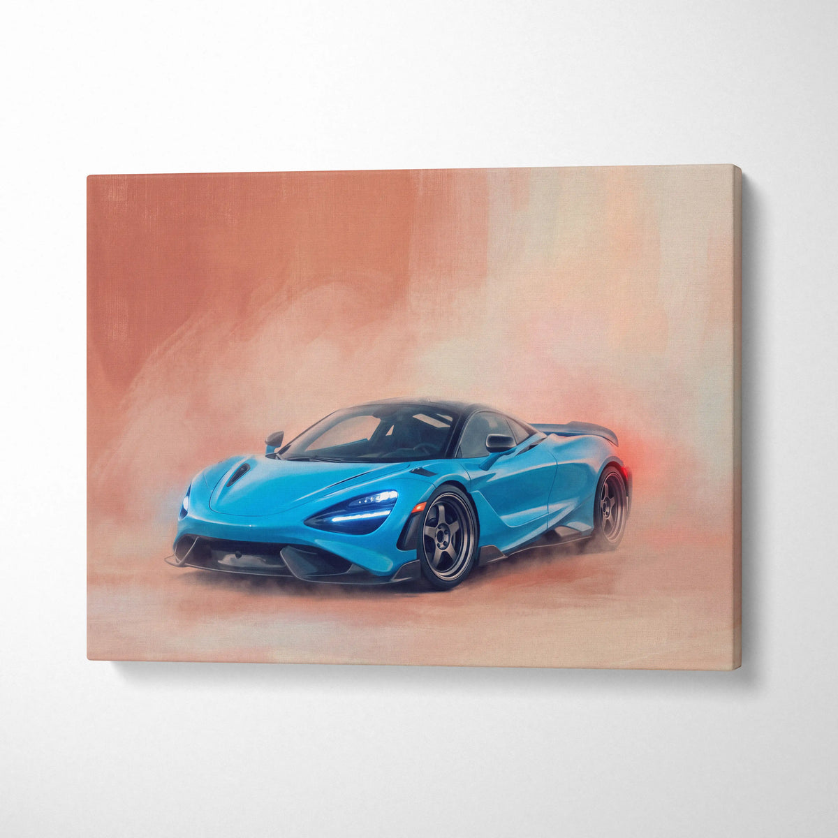 Vibrant blue McLaren 720S sports car on smoky dynamic canvas print for luxury automotive wall art
