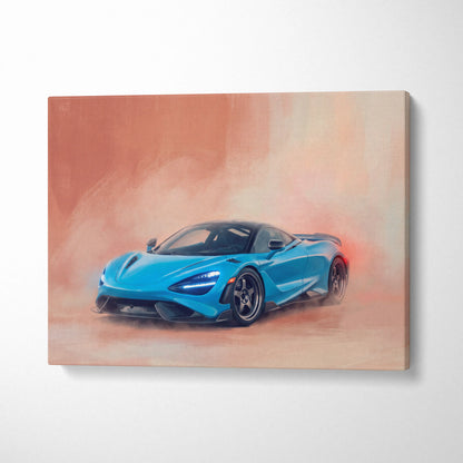 Vibrant blue McLaren 720S sports car on smoky dynamic canvas print for luxury automotive wall art