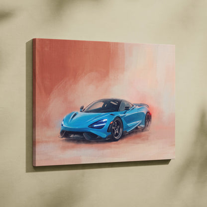 Vibrant blue mclaren 720s luxury supercar canvas print with dynamic smoky orange and pink background wall art