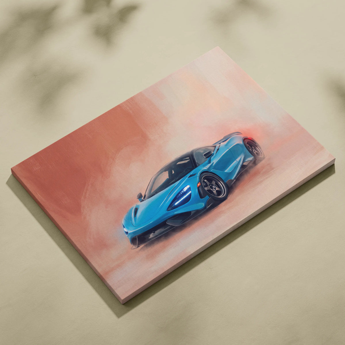 Vibrant blue mclaren 720s inspired luxury supercar wall art on stretched canvas with dynamic smoky design