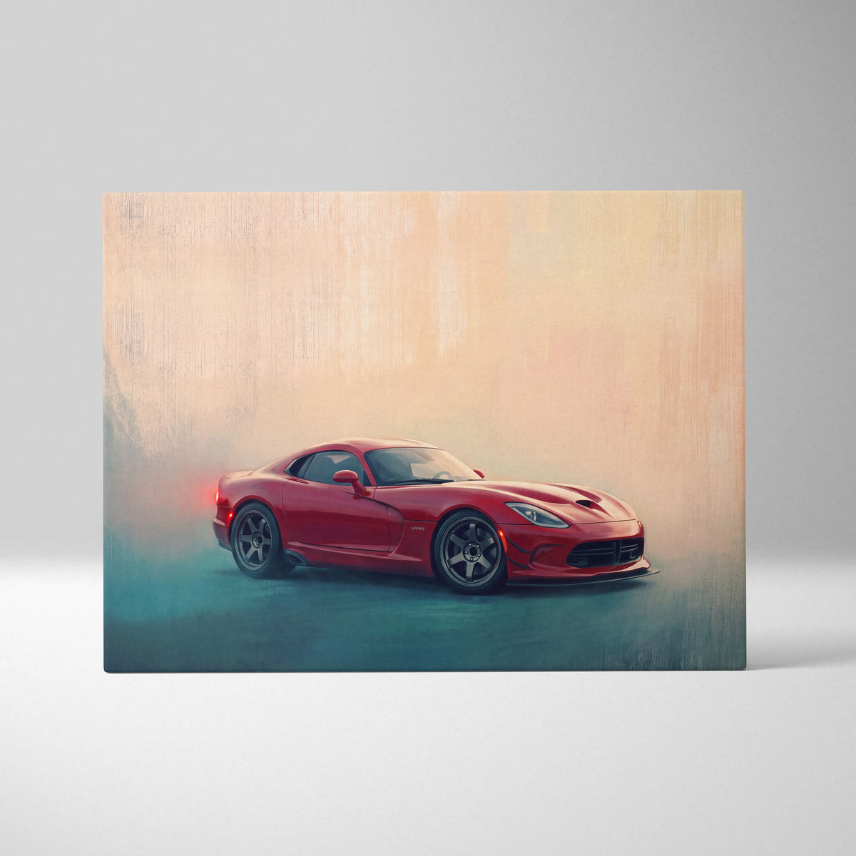 Red dodge viper sports car in stylized painterly artwork on premium canvas automotive wall decor