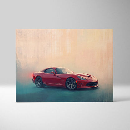 Red dodge viper sports car in stylized painterly artwork on premium canvas automotive wall decor