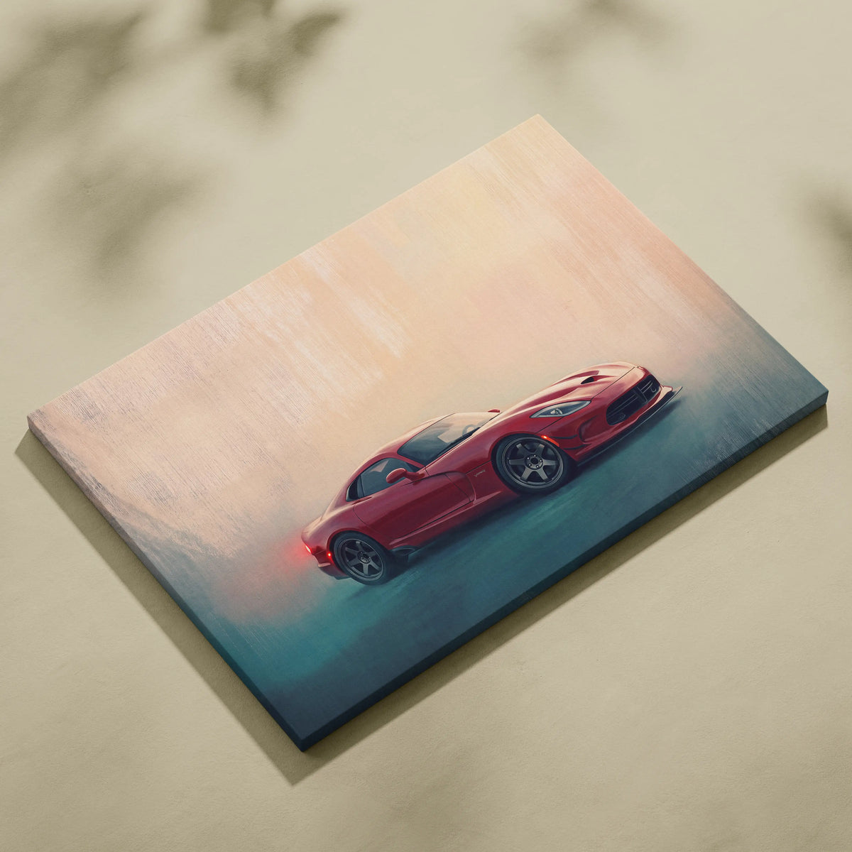 Red Dodge Viper SRT inspired sports car on dynamic painterly stretched canvas premium automotive wall decor