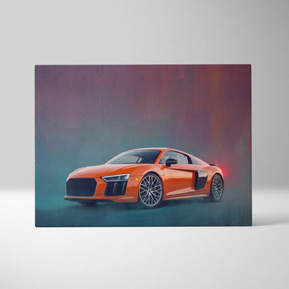 Vibrant orange audi r8 sports car illustrated in a stylized painterly canvas print for track edition wall art