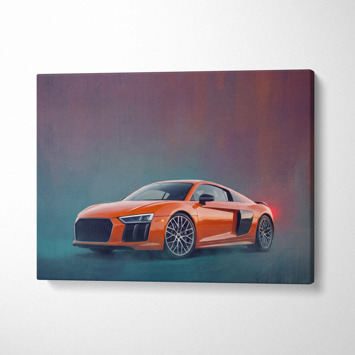 Vibrant orange Audi R8 sports car wall art canvas painting print with sleek aerodynamic lines and black accents
