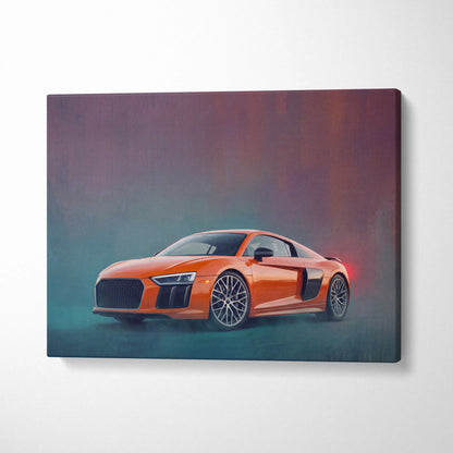 Vibrant orange Audi R8 sports car wall art canvas painting print with sleek aerodynamic lines and black accents